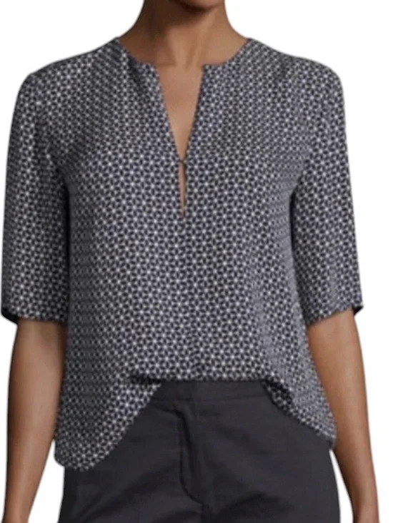 Theory Tile Antazie 100% silk Geometric Blouse Size P Navy/White - Picture 4 of 10